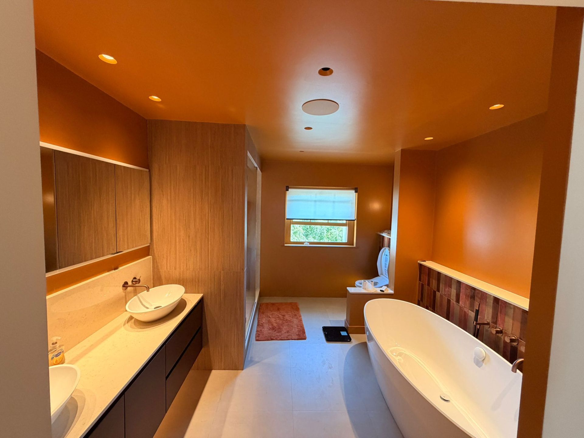 Bathroom with freestanding bath, recessed downlights and illuminated mirror cabinet