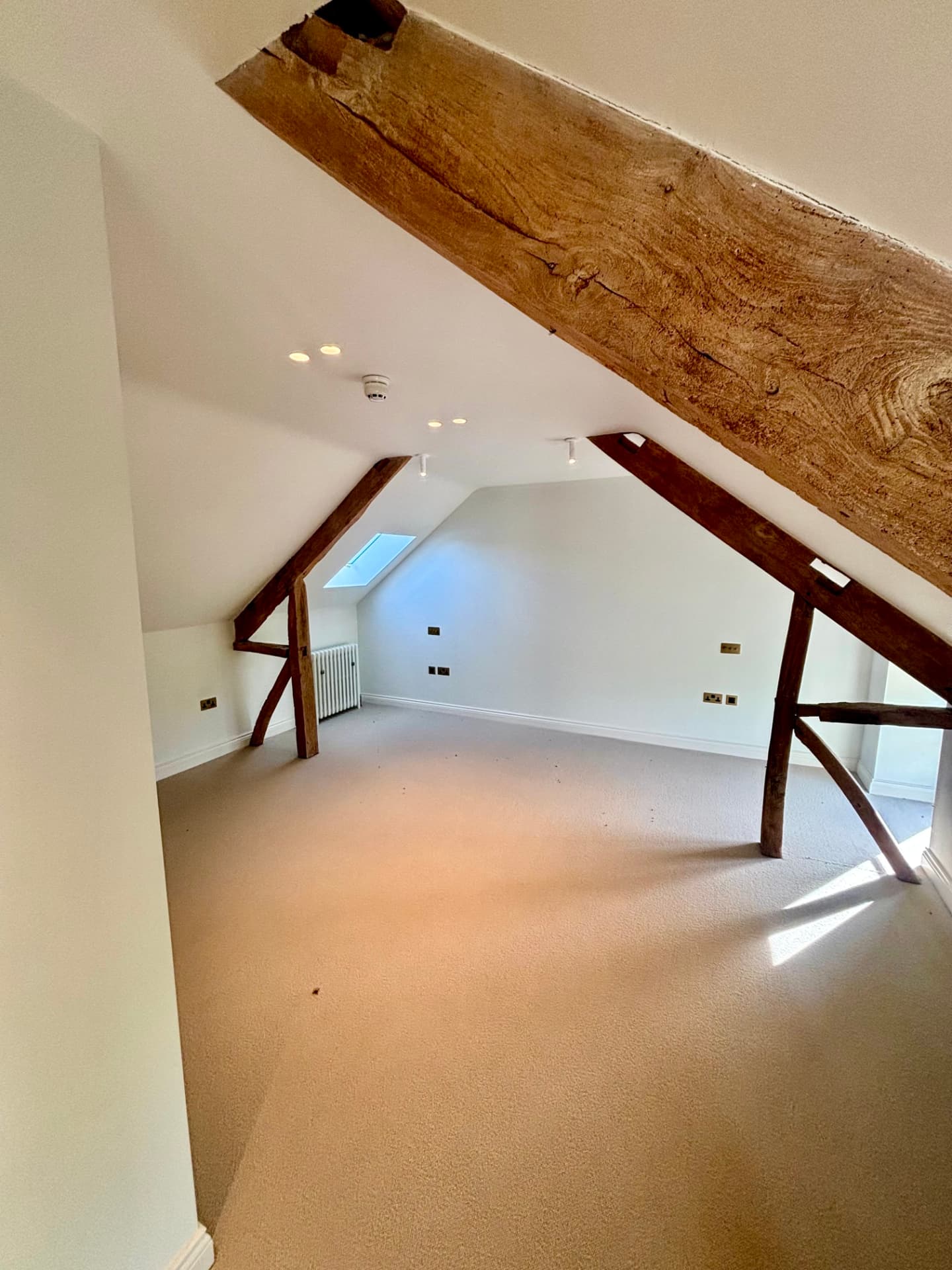 Attic room with exposed oak trusses, downlights and surface spotlights