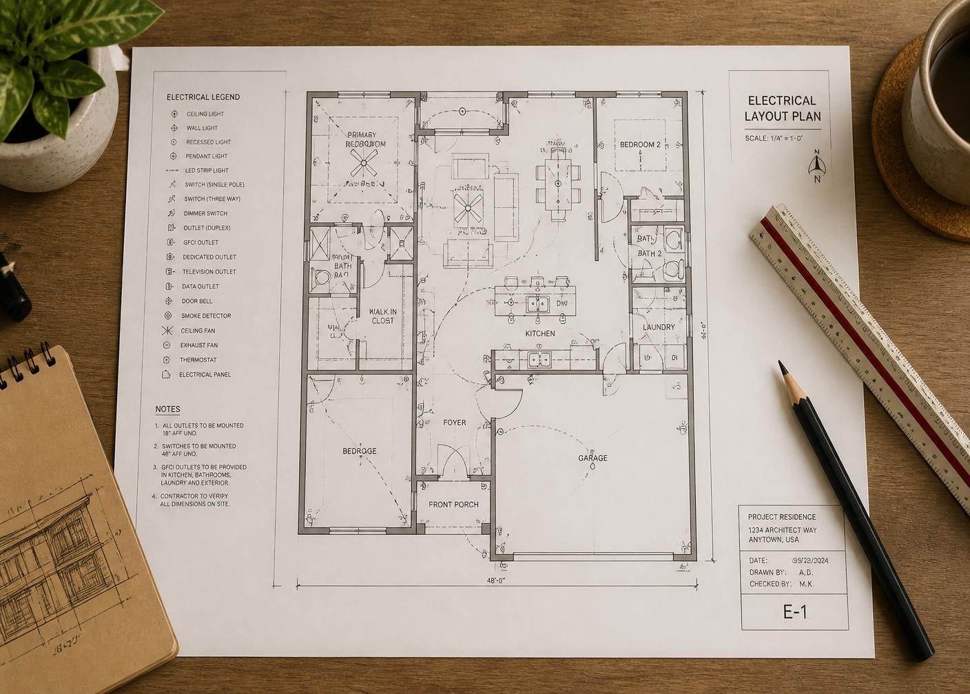 Electrical layout plan with lighting legend on a desk