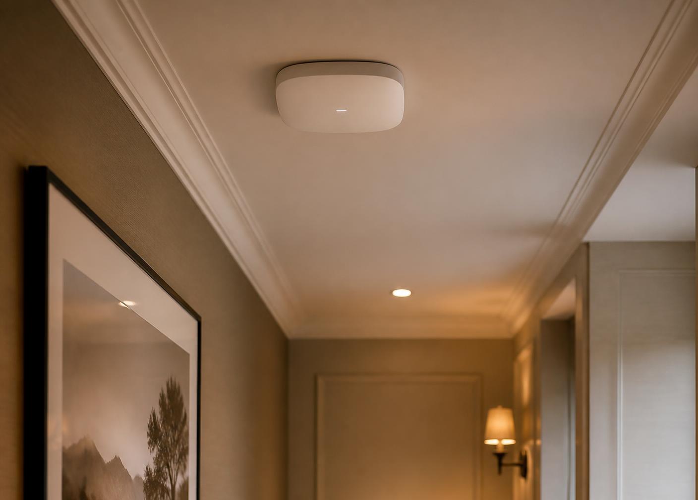Discreet white ceiling-mounted wireless access point in a hallway